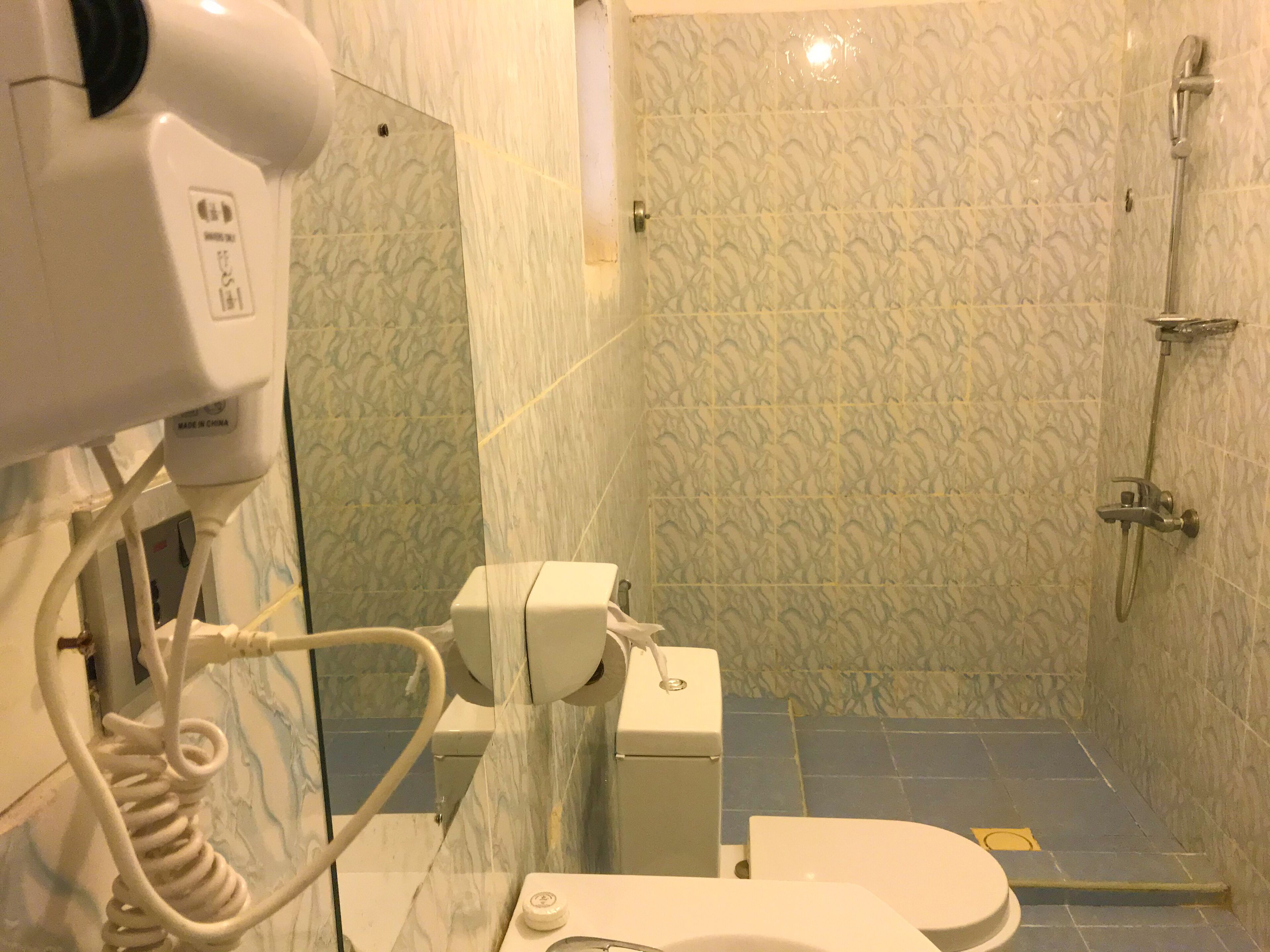 Un bagno con il water, un asciugatore di mani e una zona doccia.
