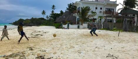 A sandy beach with palm trees and a white building with a thatched roof in the background.