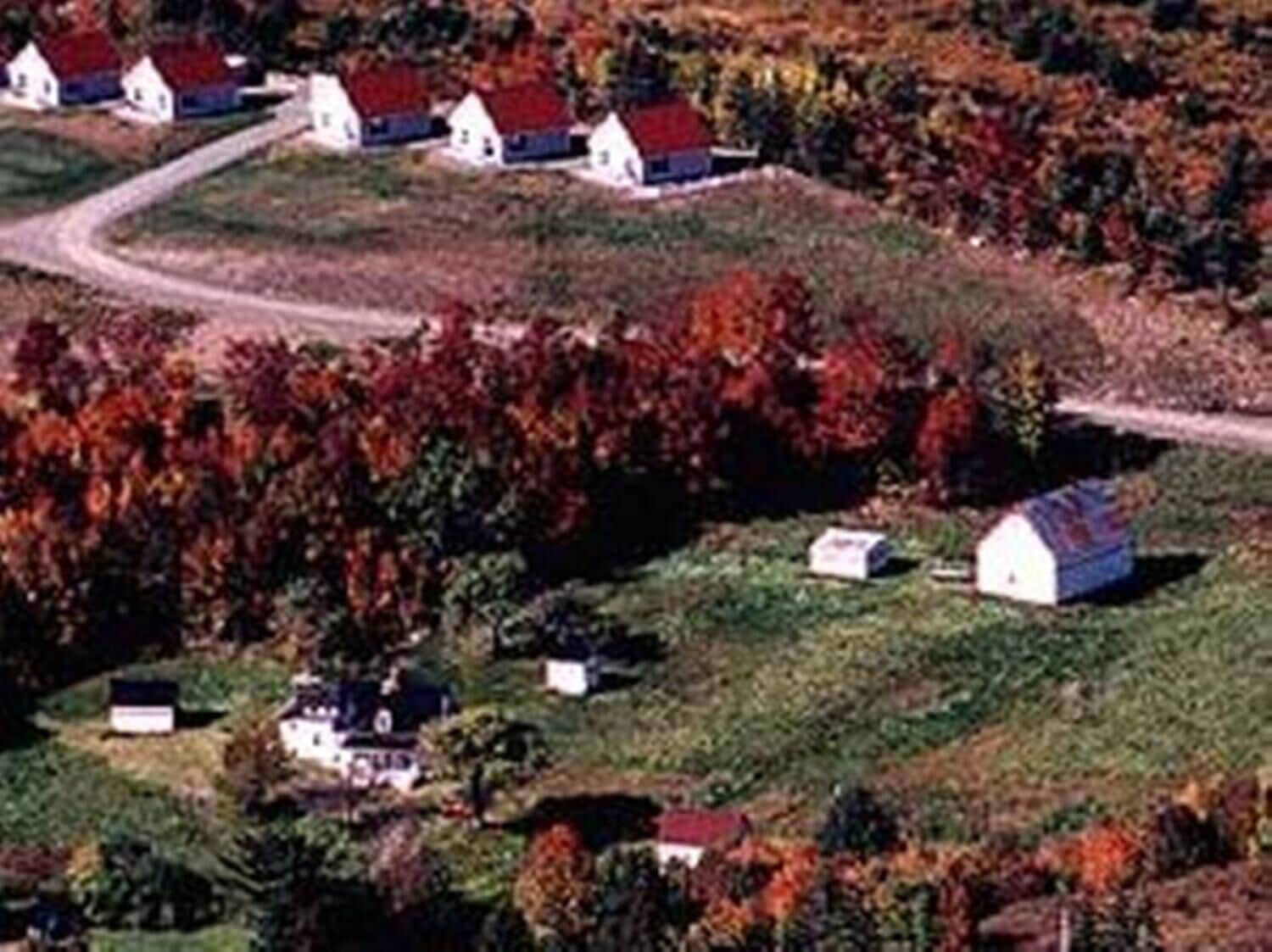 Zona rural con varias casas pequeñas de techos rojos, un camino sinuoso y árboles de colores otoñales.