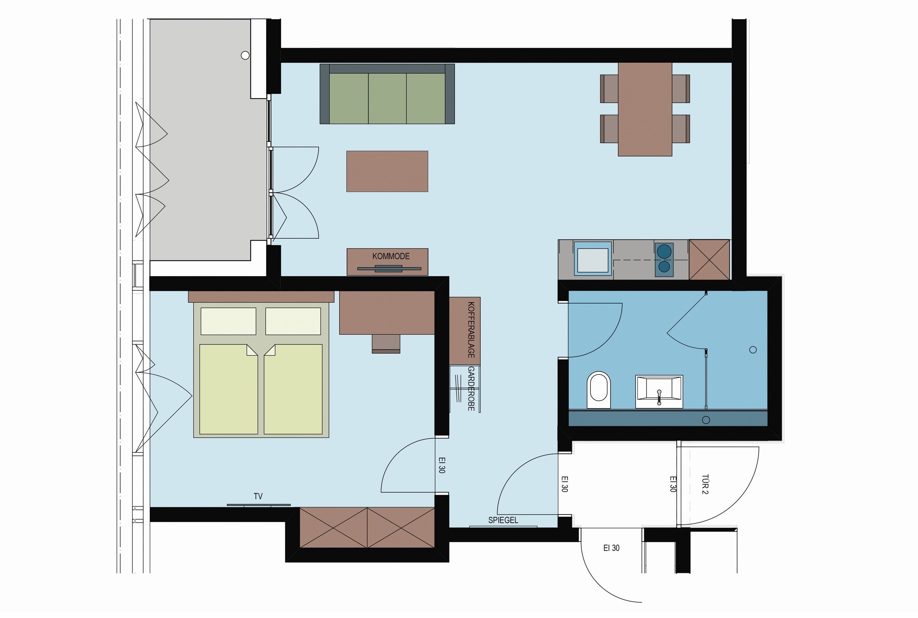 A floor plan of a hotel room with a TV, a kitchenette, a bathroom, and a dining area.