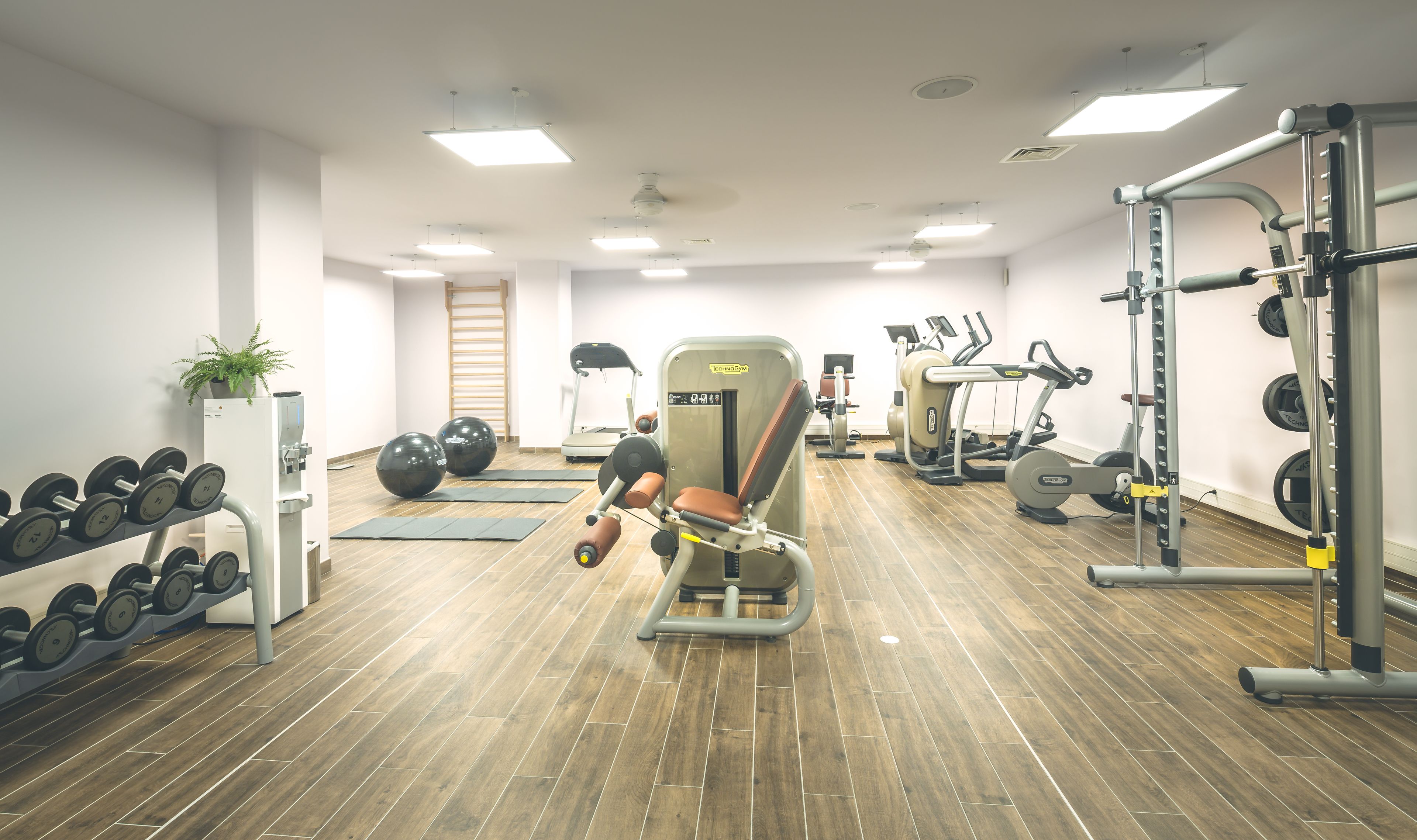 A gym with various exercise equipment, including treadmills, elliptical machines, and weightlifting stations.