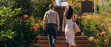 A couple walking down a wooden staircase surrounded by lush greenery and flowering plants.