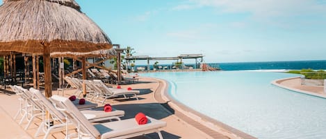 Outdoor pool, pool umbrellas, pool loungers