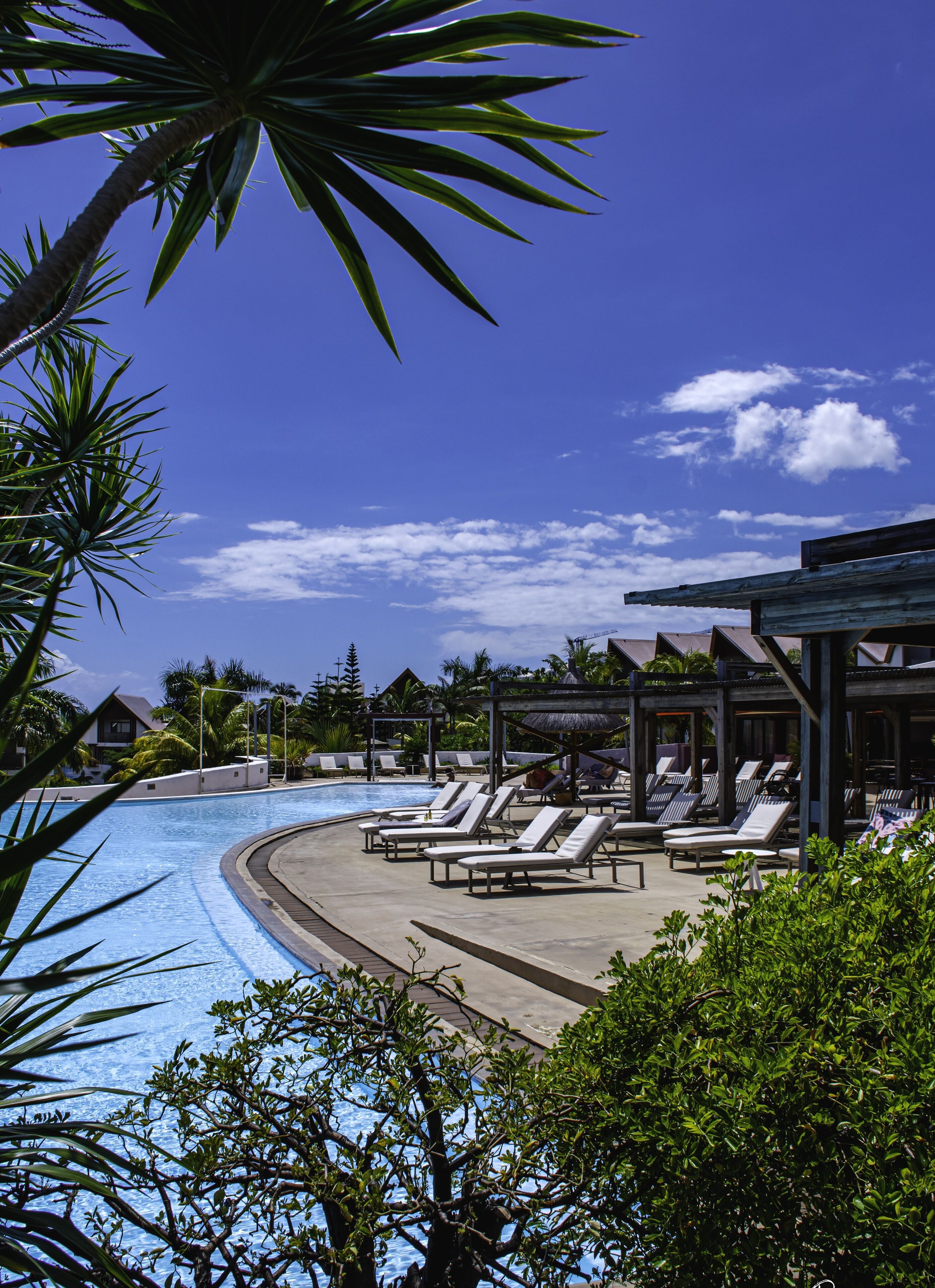 A poolside area with lounge chairs and umbrellas, surrounded by greenery and a clear blue sky.