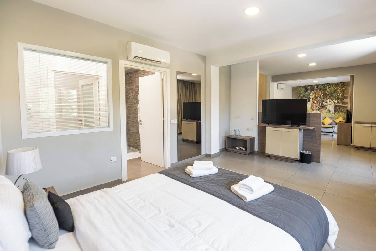 Een moderne hotelkamer met een groot bed, een televisie en een kitchenette.