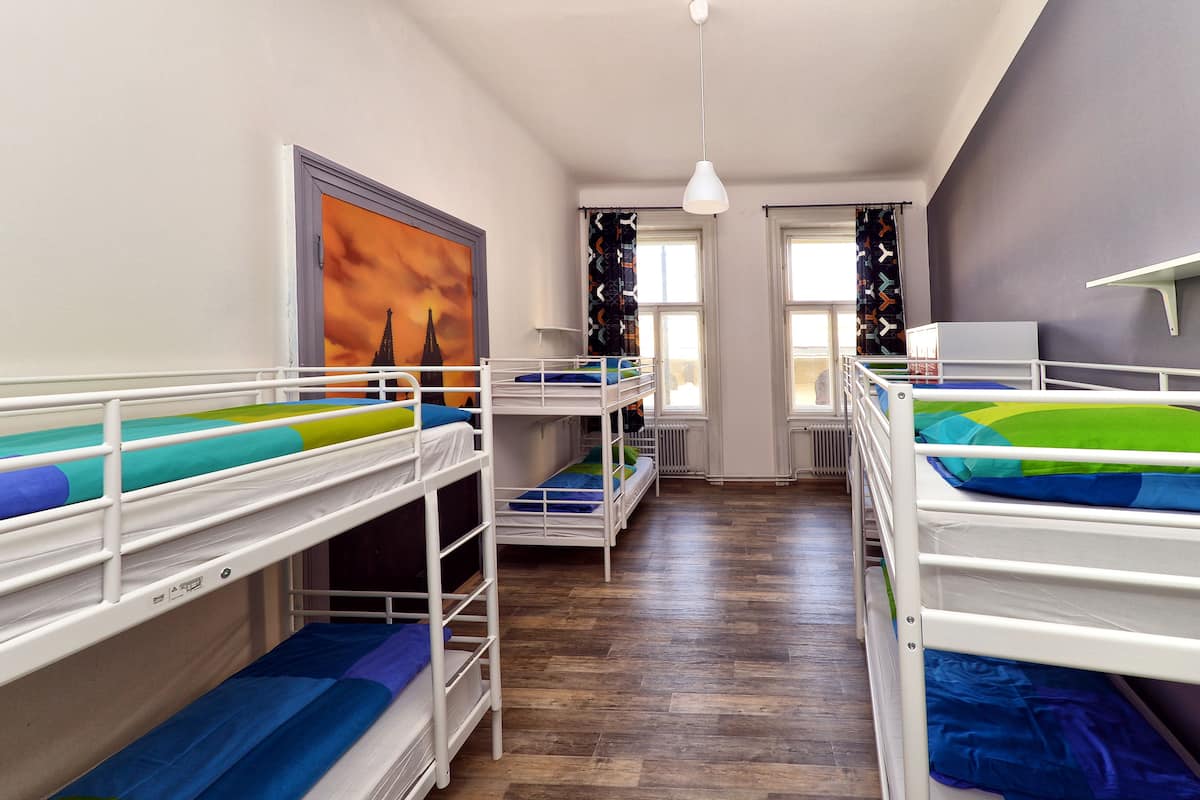 A dormitory room with bunk beds, a painting on the wall, and a window with curtains.