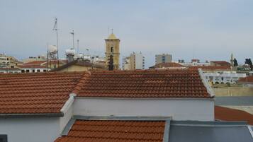 Un paisaje urbano con una torre destacada y varios edificios con techos de tejas rojas.