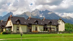 Una hilera de edificios tipo chalet con montañas al fondo.