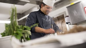 A chef in a professional kitchen with stainless steel appliances and a potted plant. - Romantic & Family Hotel Gardenia (Selva di Val Gardena)