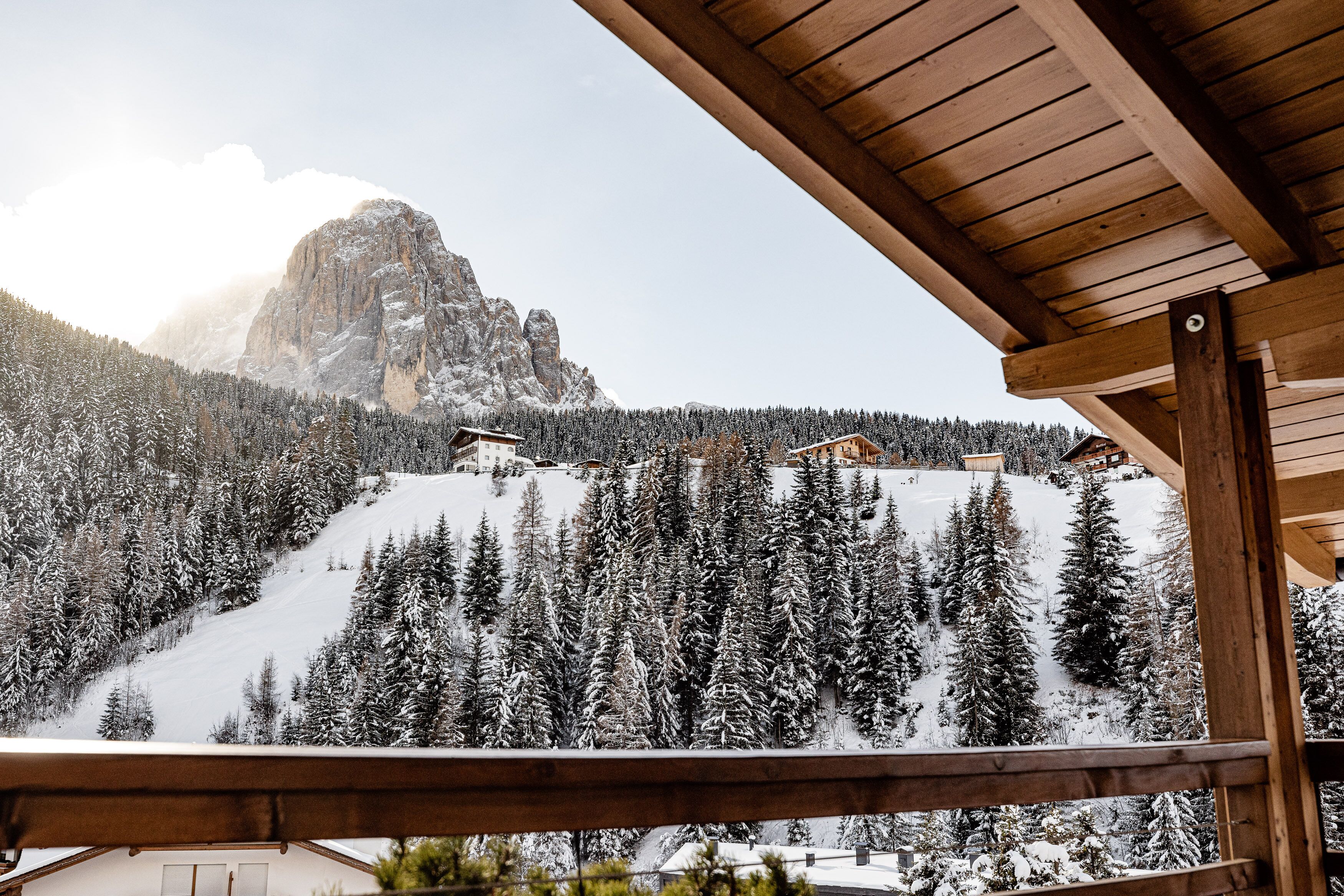 A wooden cabin with a view of a snow-covered mountain and forest.