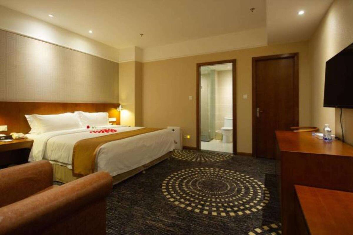 A hotel room with a bed, bedside table, lamp, TV, and a circular patterned rug.