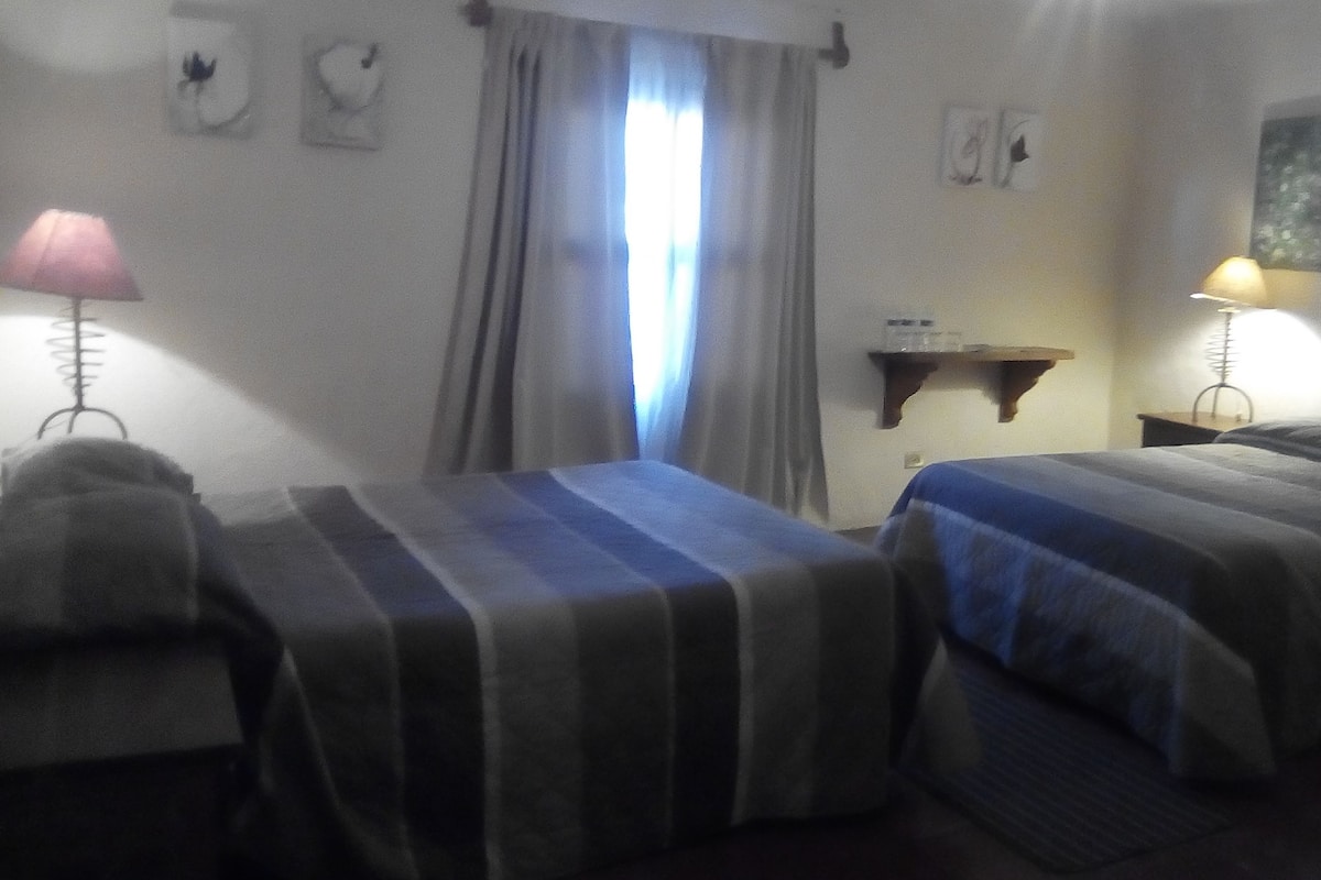 Una habitación con dos camas, una ventana con cortinas, una lámpara y una estantería con objetos.