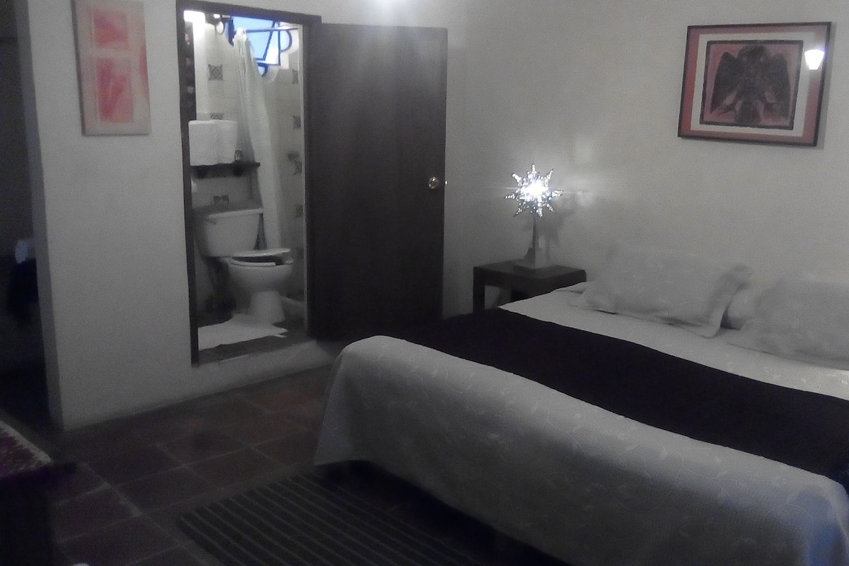 Un dormitorio con una cama, una mesita de noche con lámpara, un espejo y un cuadro en la pared.