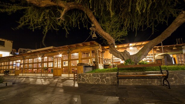 A building with a stone facade, wooden beams, and a large tree in front. - El Huarango Hotel (Ica)