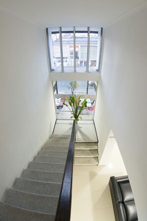 Una escalera conduce a un balcón con vistas a la calle y una planta.