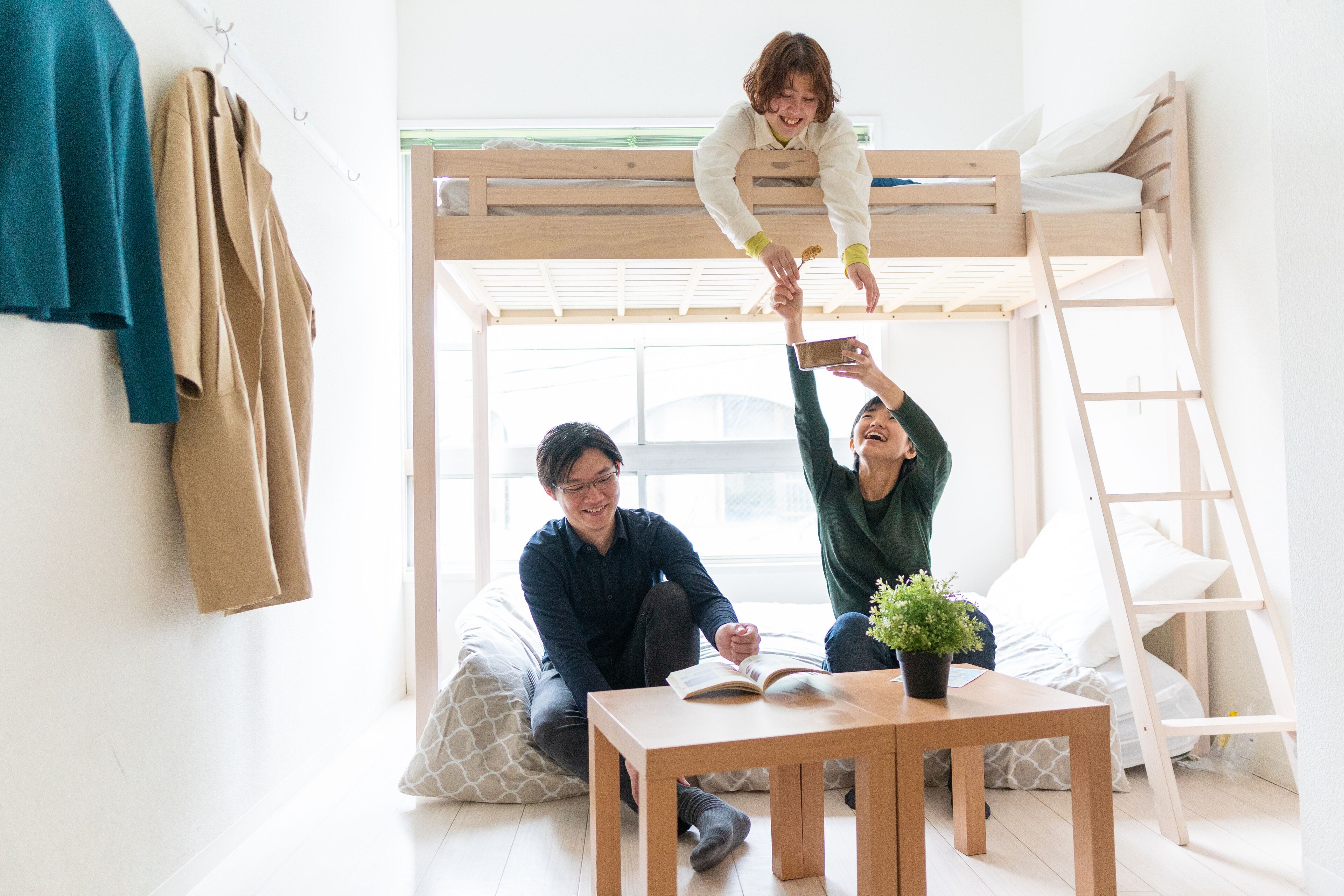 A room with a bunk bed, a ladder, a table with a plant, and a window.