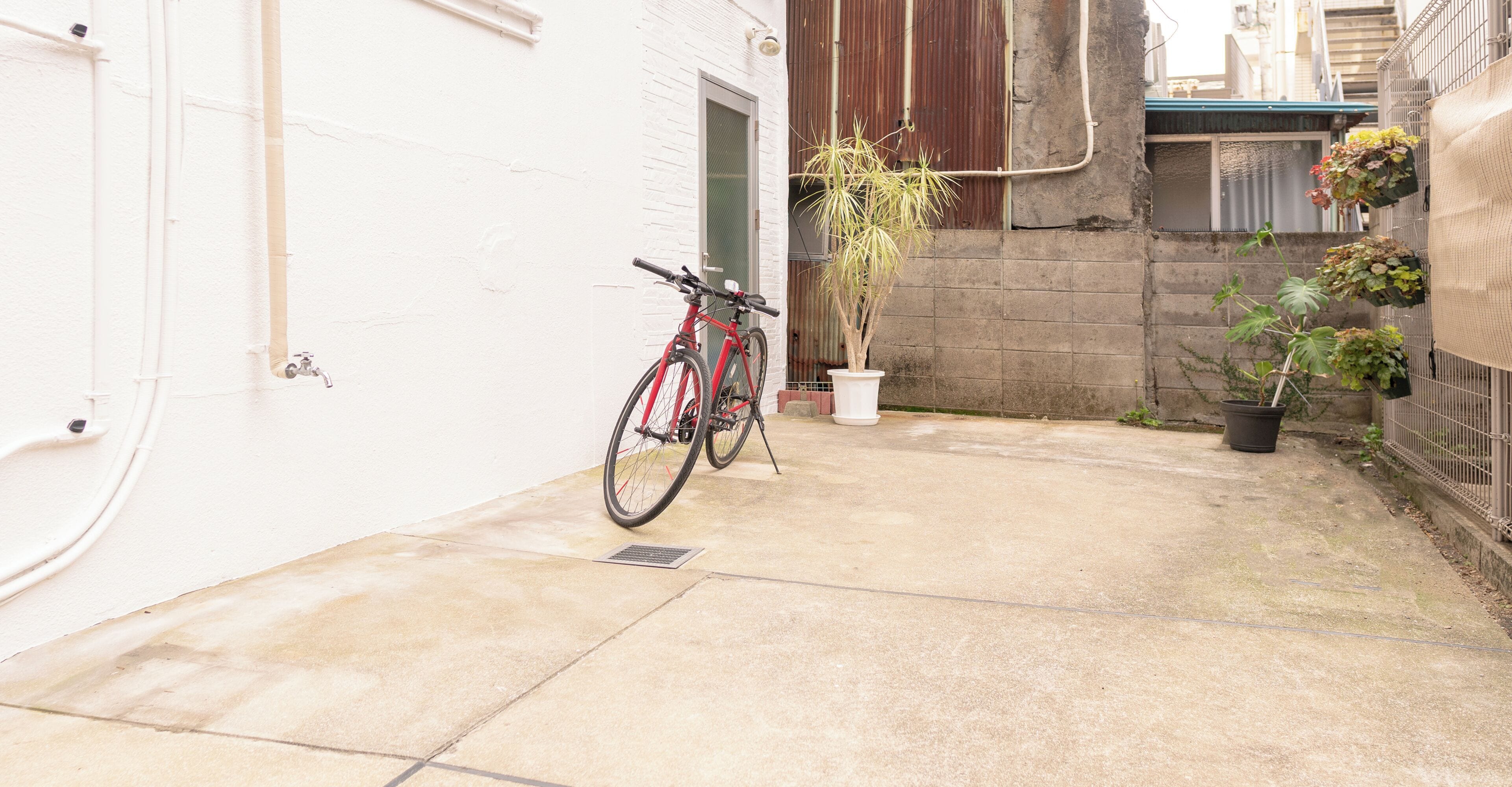 A narrow concrete pathway with a red bicycle parked on the left, a potted plant in the center, and a metal fence on the right.