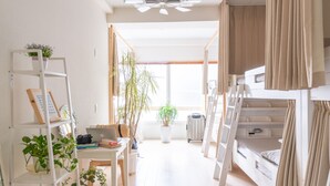 Een lichte, goed verlichte kamer met een stapelbed, een bureau met een laptop en planten op planken.