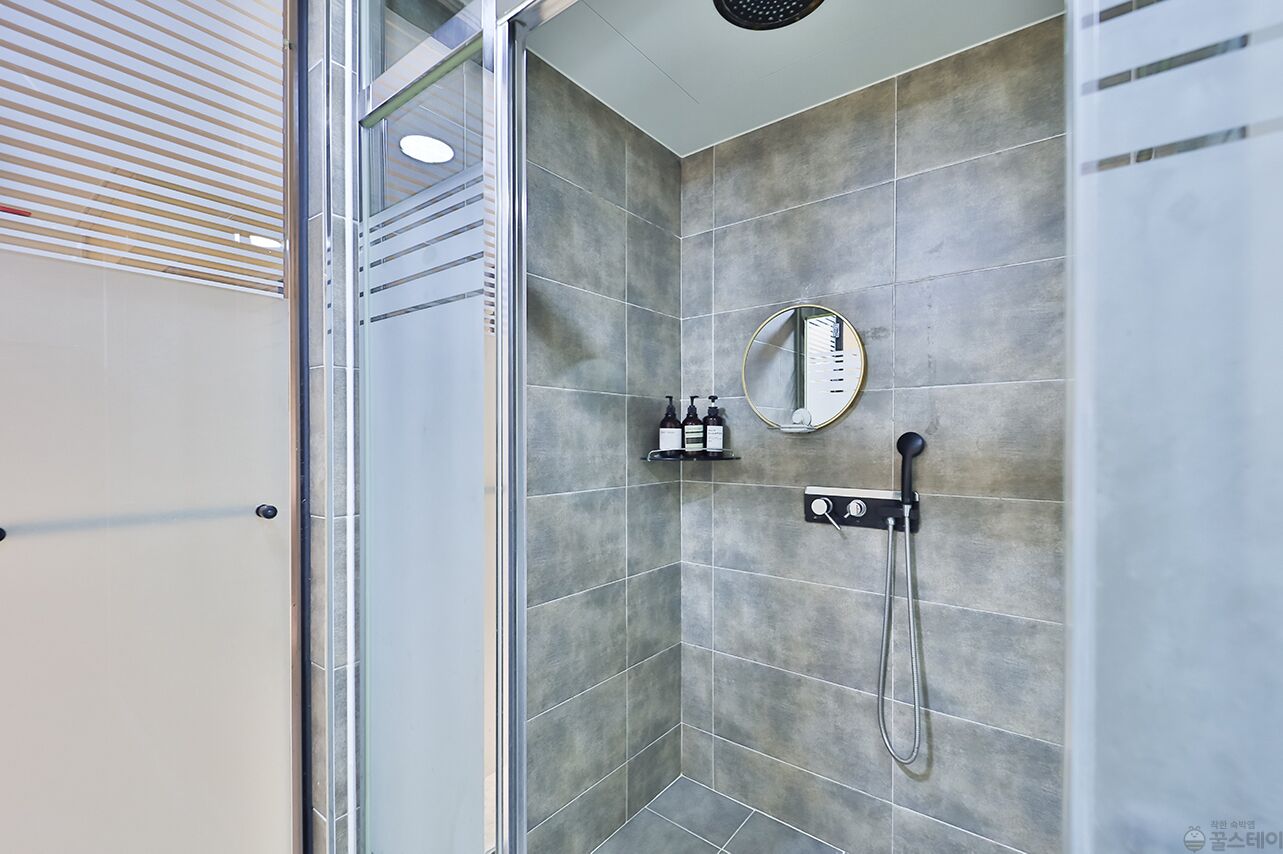 A modern shower area with a glass door, a handheld showerhead, and a wall-mounted mirror.