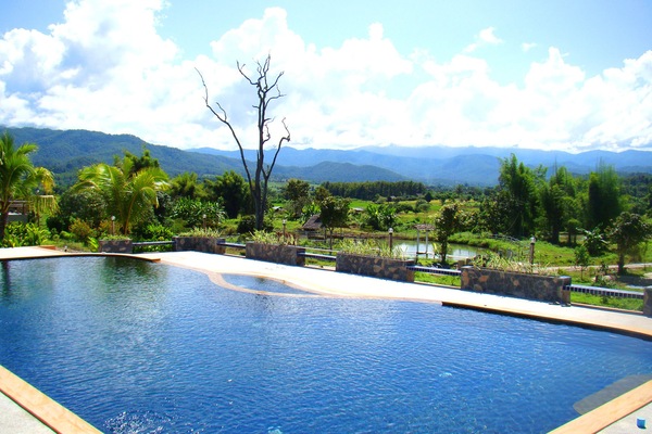 Outdoor pool, pool umbrellas, sun loungers