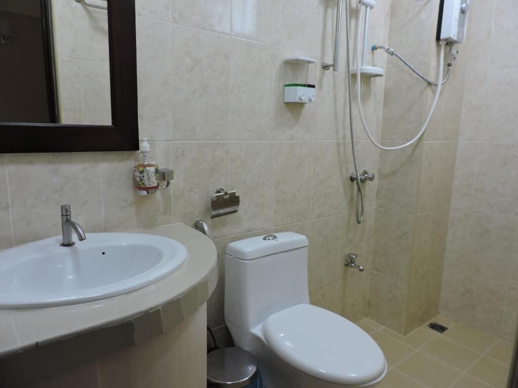 Une salle de bain avec un lavabo, des toilettes et une douche.