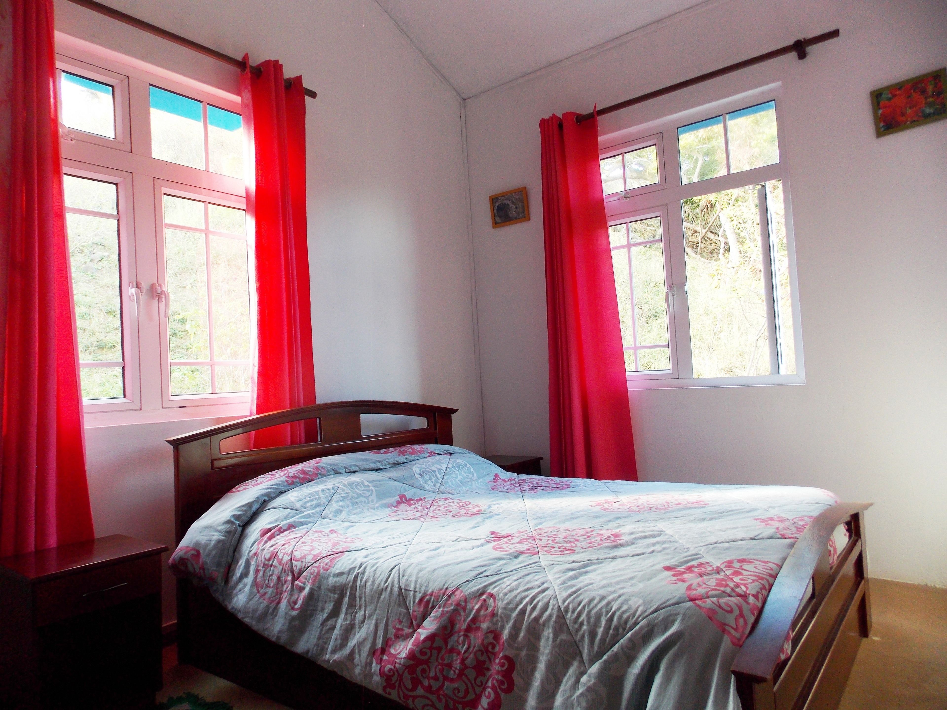 A bedroom with a bed, two windows with red curtains, and a small bedside table.