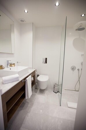 Een douche, designer toiletartikelen, een haardroger, badjassen
