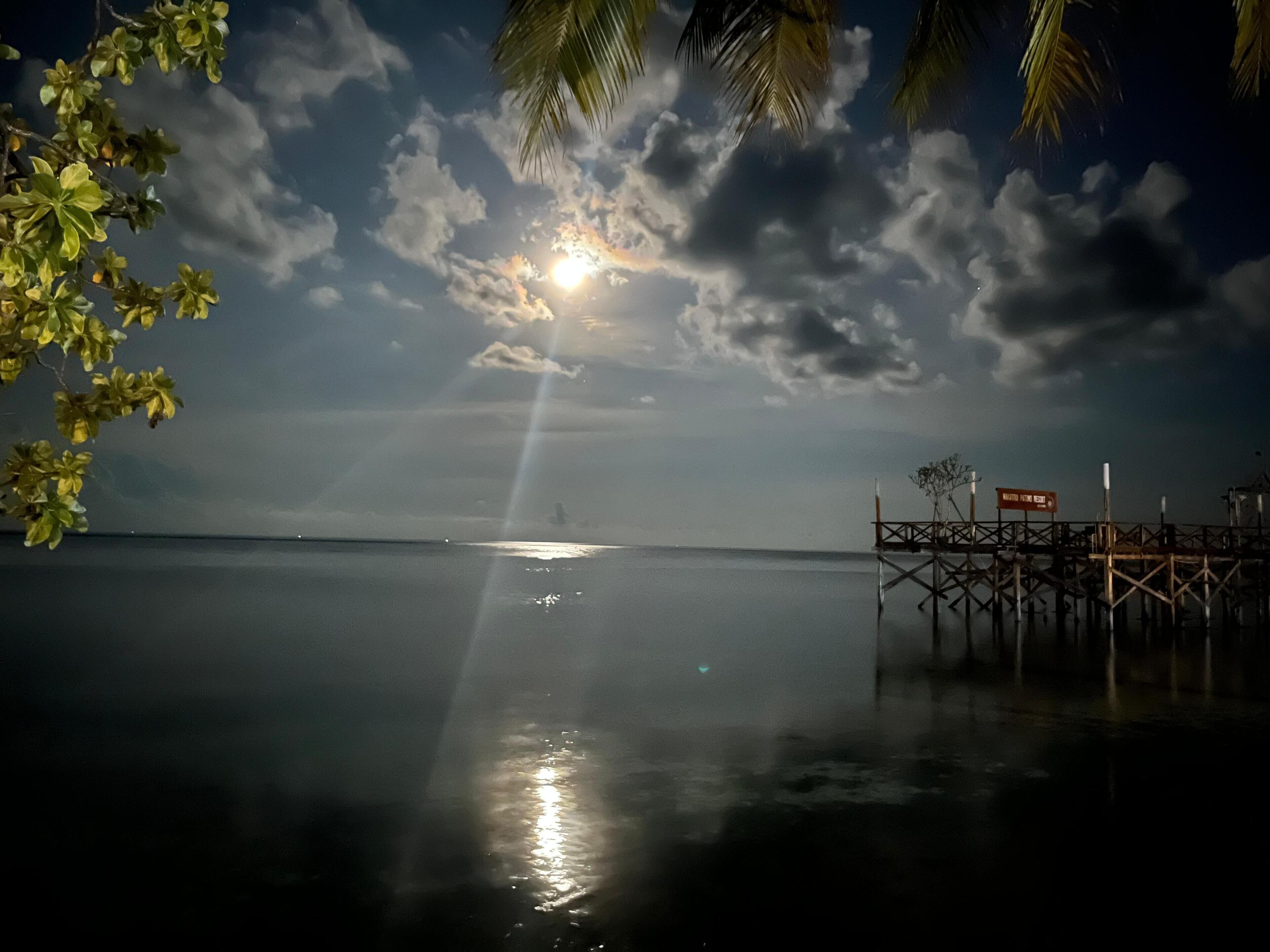 A pier extending into calm waters under a cloudy sky with a visible moon.