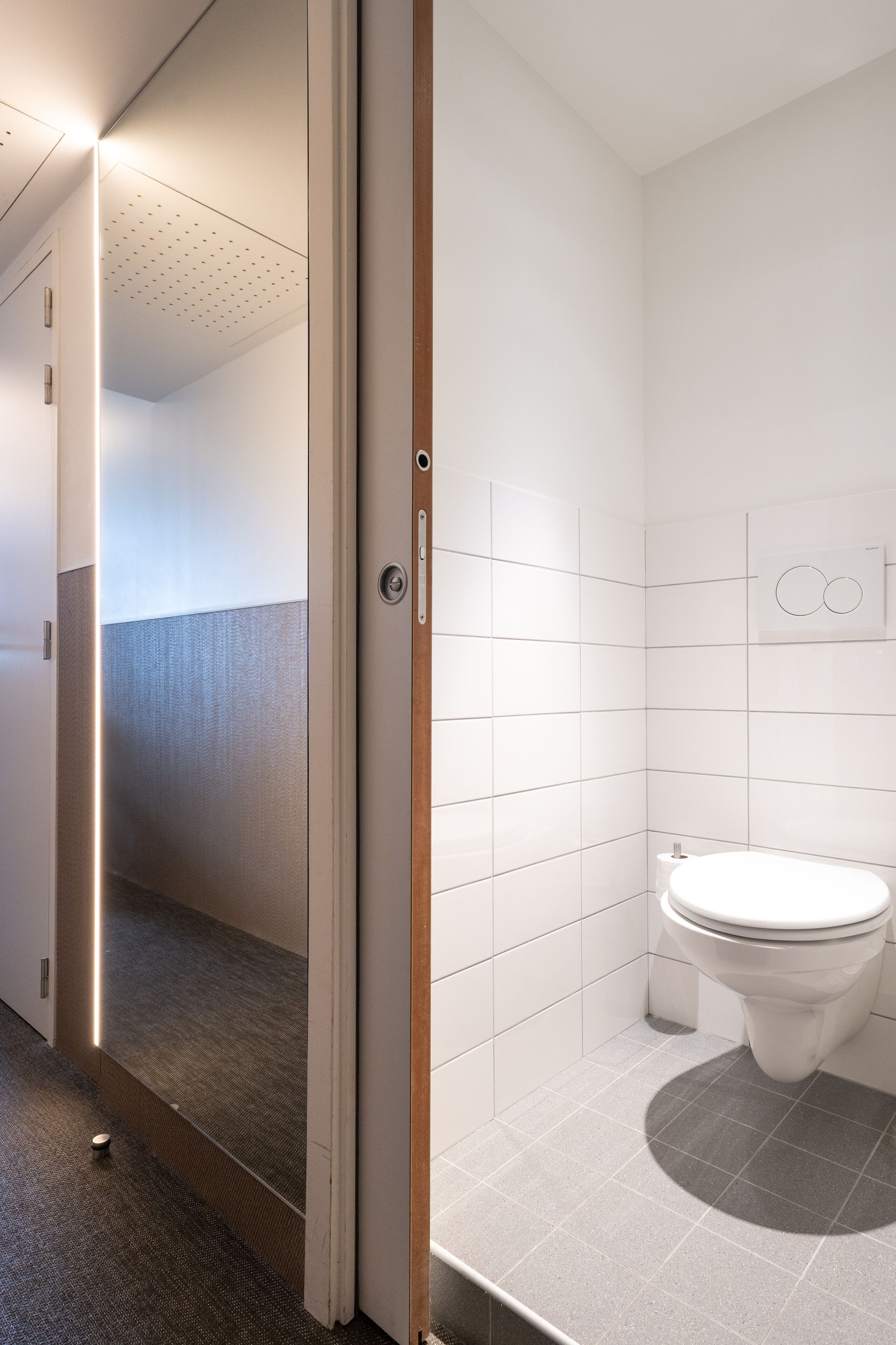 Une salle de bain moderne équipée de toilettes, d’une douche et d’un miroir.