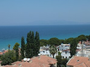 Ein Küstenwohngebiet mit Häusern, Bäumen und Blick aufs Meer.