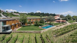 Eine moderne Villa mit Schwimmbad, Weinberg und einem gepflegten Rasen.
