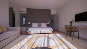 A modern hotel room with a large bed, a sofa, a TV, and a small table.