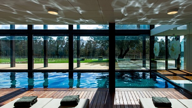 Ein moderner, überdachter Pool mit Glaswänden, Holzboden und Blick auf einen Park.
