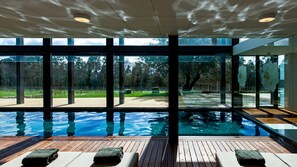 Una piscina interior moderna con paredes de vidrio transparente, plataforma de madera y vista a un parque.