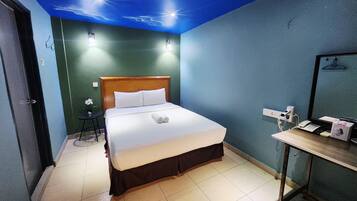 Hypo-allergenic bedding, desk, laptop workspace, blackout curtains