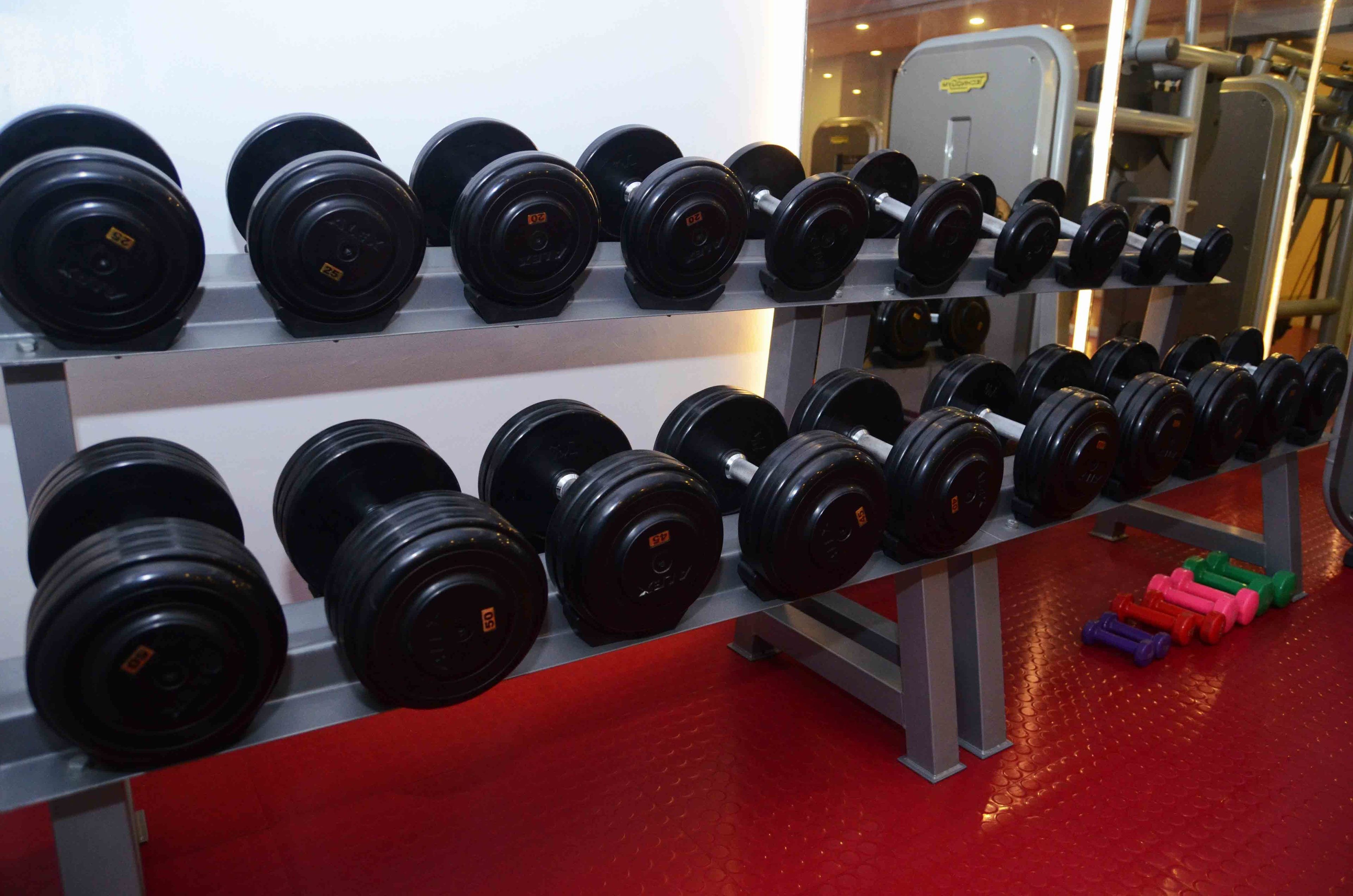 A gym with rows of black dumbbells on racks and colorful dumbbells on the floor.