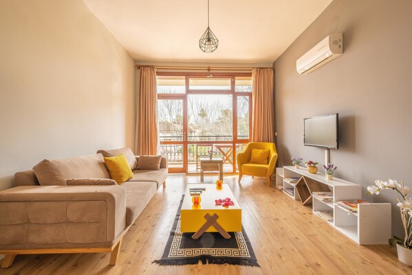 Leilighet – deluxe, kjøkken (Large) | Oppholdsrom | En 0-tommers smart-TV med Parabol-TV