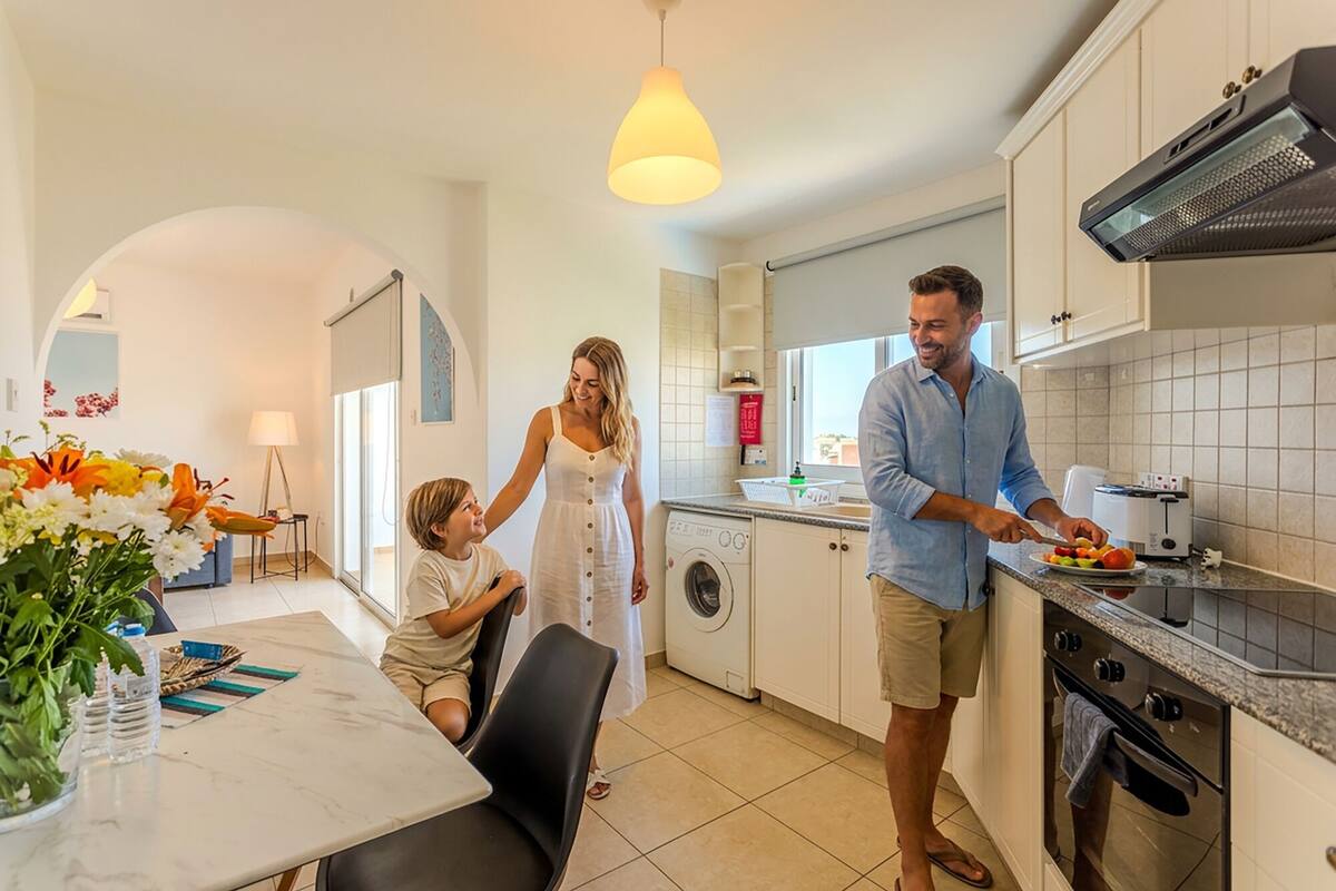 Cozinha moderna com máquina de lavar, área de refeições com mesa e cadeiras, e luminária pendente.