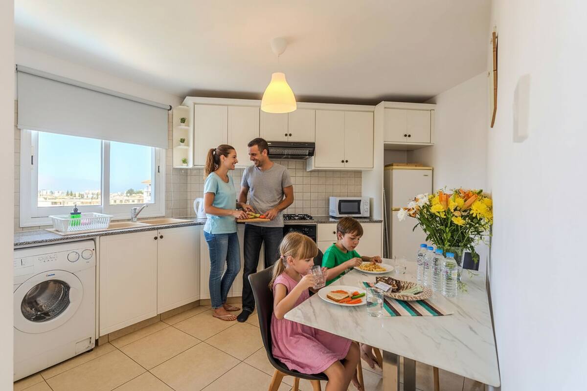 Uma cozinha moderna com armários brancos, máquina de lavar embutida, espaço de refeições com mesa e vista pela janela.