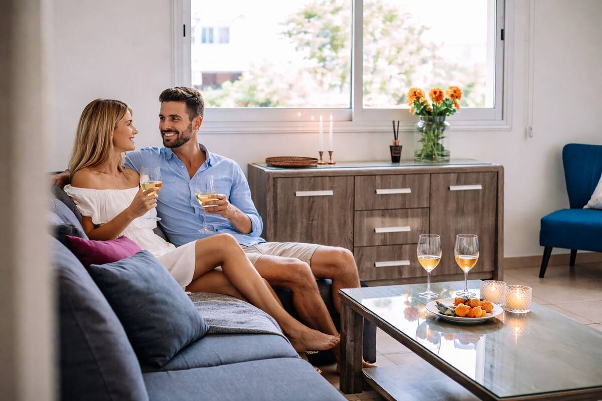 Um casal sentado num sofá com bebidas, uma mesa de jantar com velas e vista para o exterior.