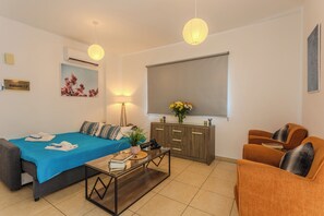 Superior Apartment, 1 Bedroom, Balcony, Pool View | 1 bedroom, blackout drapes, soundproofing, iron/ironing board - Artemis Cynthia Complex (Paphos)