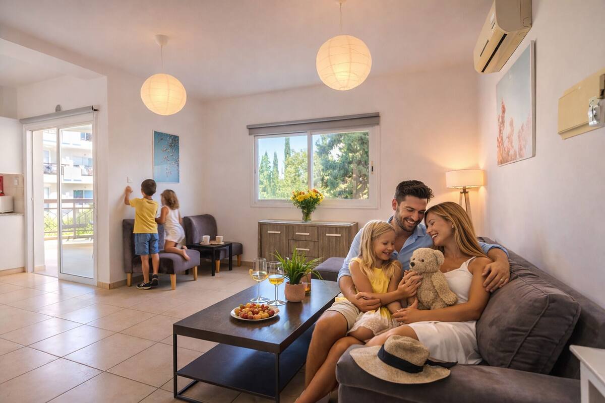 Uma família numa sala de estar moderna com uma mesa de jantar, sofá e vista para o exterior.