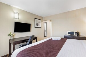 Habitación de hotel con cama, escritorio, silla, televisor, cuadro enmarcado y microondas.