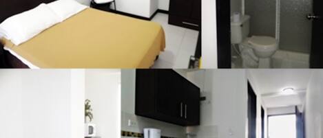 Habitación de hotel con cama, una silla, armario, ducha, lavabo y pequeña cocina.