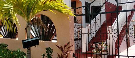 A gated entrance with a palm tree, a mailbox, and a staircase leading to a building with multiple windows.
