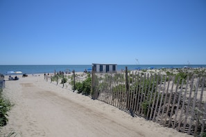 Une plage avec un sentier sablonneux menant à une structure en bois, entourée d’une clôture et de végétation.
