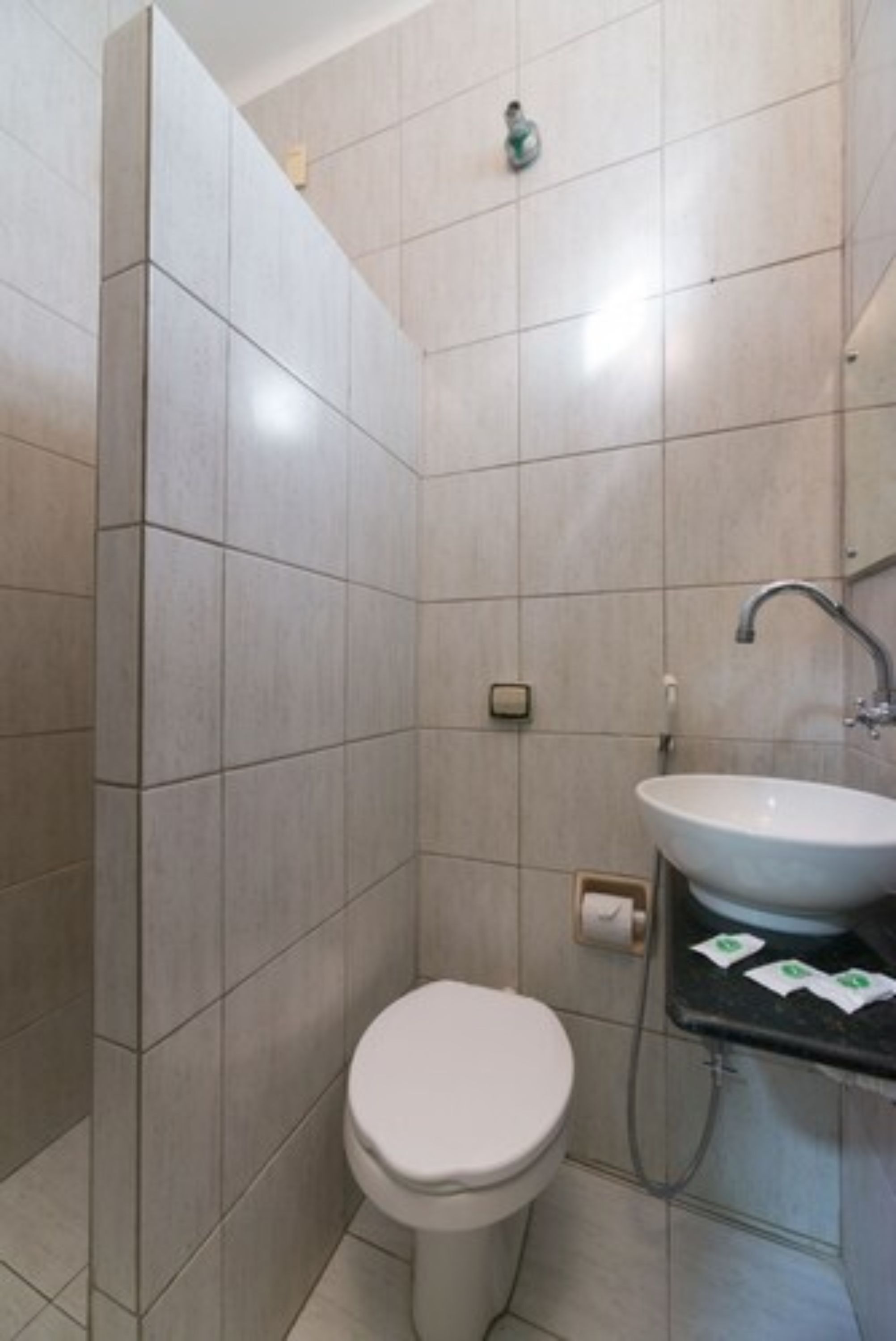 A small, modern bathroom with a white toilet, a sink, and a shower area.