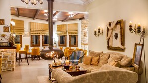 A cozy living room with a fireplace, comfortable seating, and a stone wall. - Lions Nine (Zagora-Mouresi)