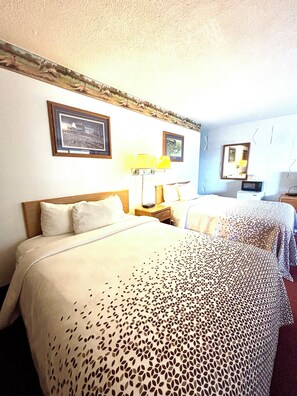 A hotel room with a large bed, a bedside table with a lamp, a small bedside table with a microwave, and a mirror on the wall. - Dakota Inn (Huron)