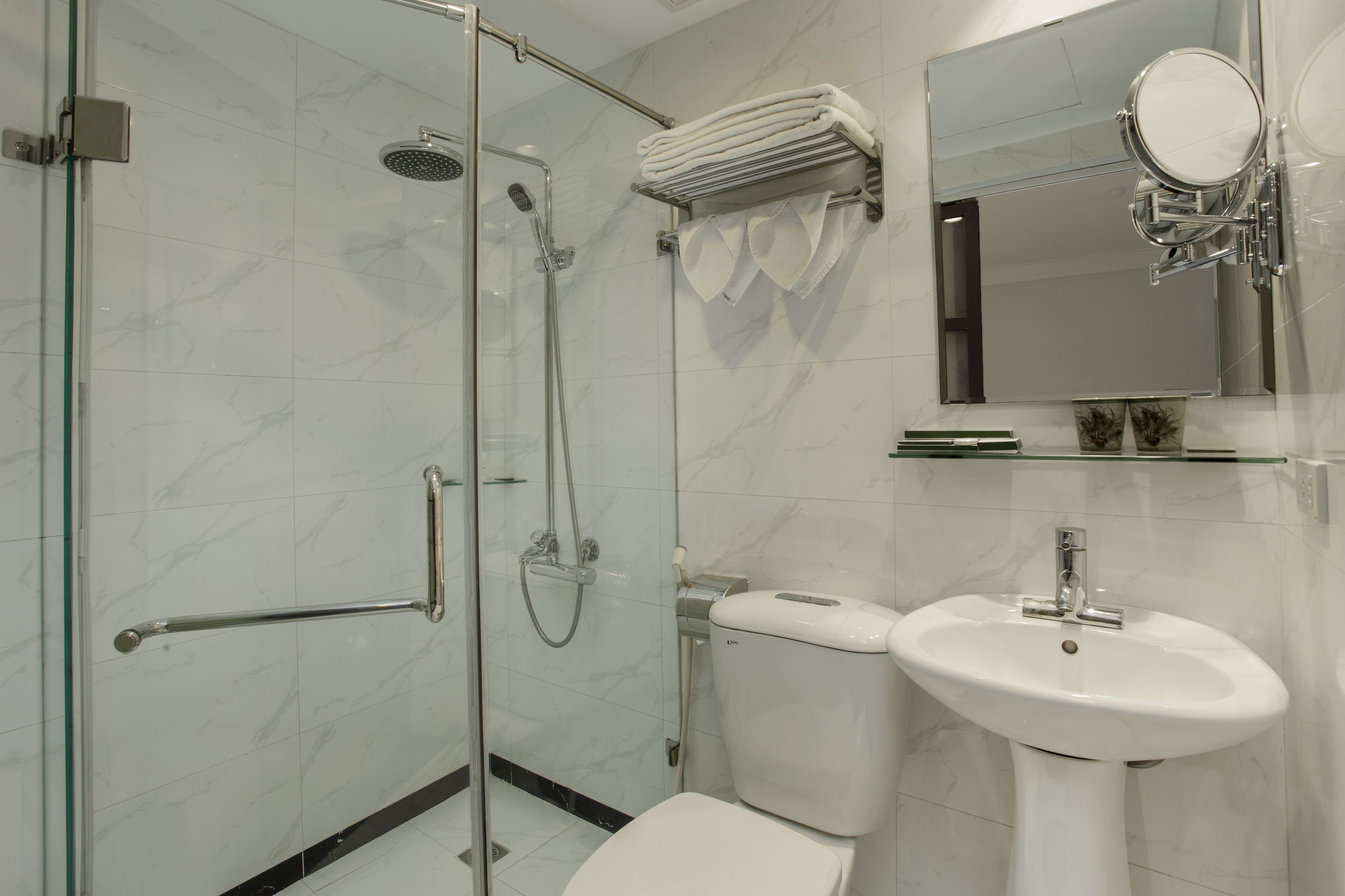 A modern bathroom with a glass shower enclosure, a white toilet, a sink, and a mirror with a towel rack above it.